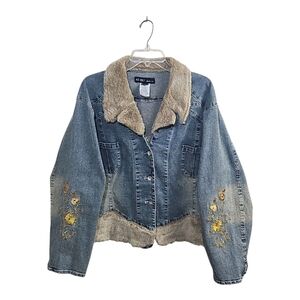 Revolt Jeans Co Y2K Cropped Denim Jacket Sherpa Trim Boxy Size 24